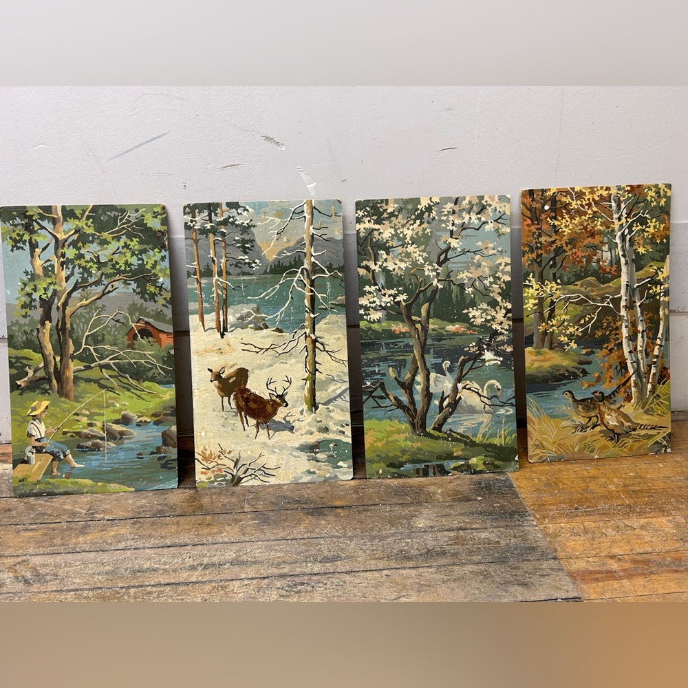 Vintage Set of Four Seasonal Nature Paintings (paint by #s from 1950s/60s)